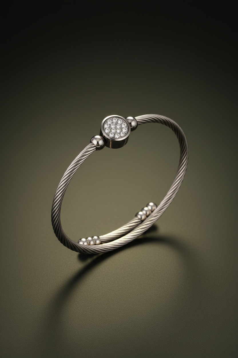 Silver-tone twisted cable bracelet on a charcoal and olive studio background
